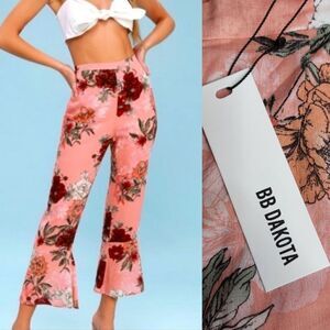 $98 BB DAKOTA Isabelle high waist ruffle hem pink floral relaxed pants 2 XS NWT